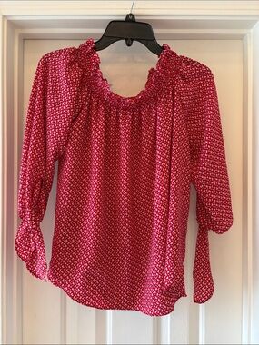 Michael Kors Red Floral Smocked Nevk Peasant Blouse size Large